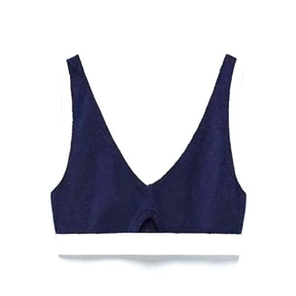 ZARA Terry Cloth 70s Womens Crop Tank Top Bralette Navy White Cut Out V Neck M - Picture 2 of 7